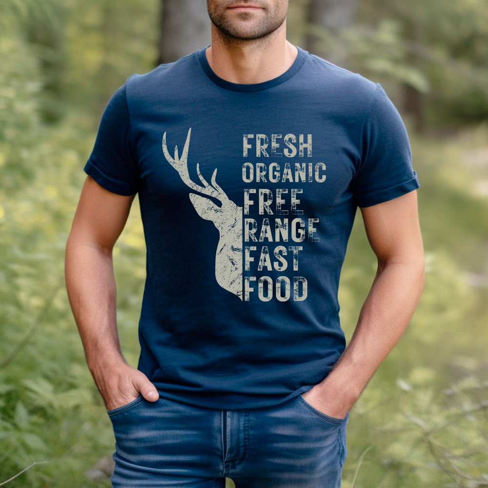 Deer hunting funny dad shirt fresh organic free range fast food navy