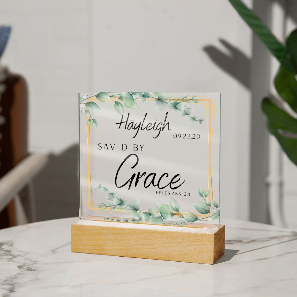 Personalized Name Saved By Grace Christian Home Acrylic Sign With Wooden Base