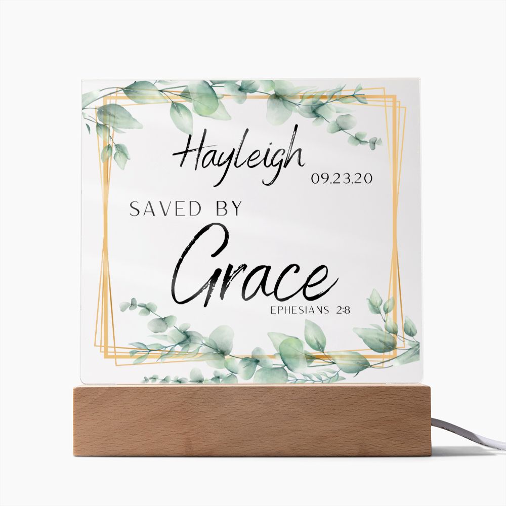 Personalized Name Saved By Grace Christian Home Acrylic Sign With Wooden Base