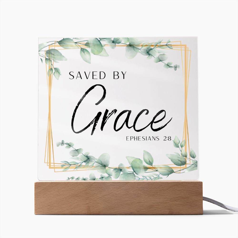 Saved By Grace Christian Home Acrylic Sign With Wooden Base