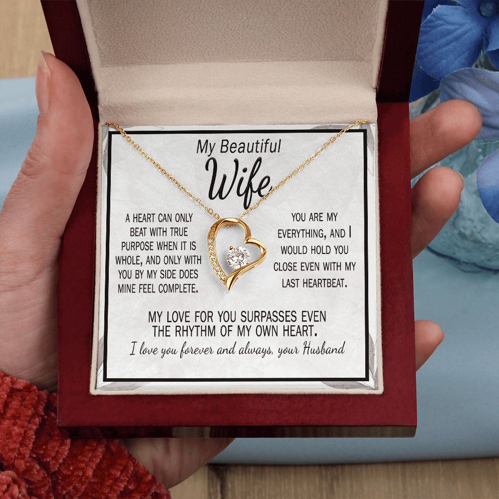 special gift card and gold necklace for wife with heart pendant from husband